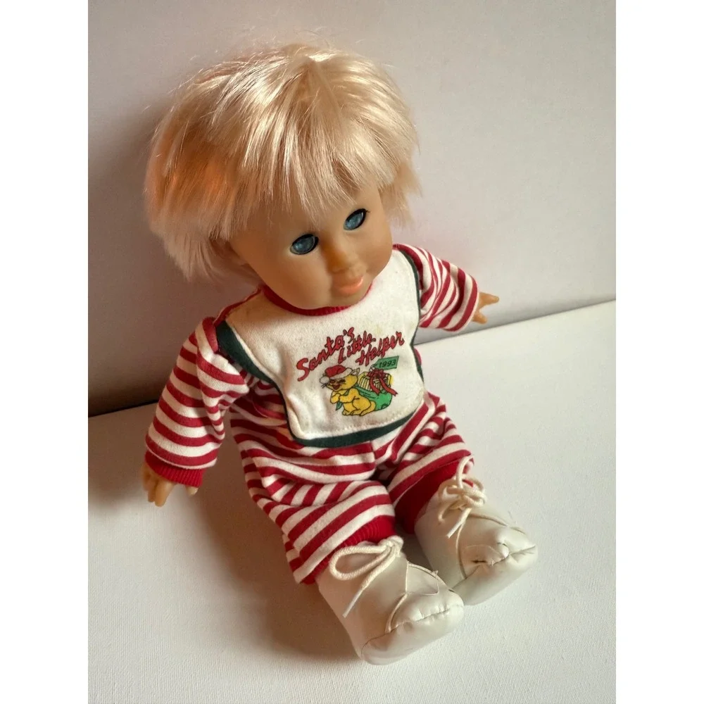 Vintage 1993 Santa's Little Helper Baby Doll Red Striped Sleeper 12 Inch
